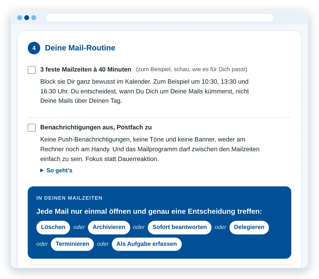 Deine Mail-Routine im Postfach-Kompass mit den 6 Entscheidungen