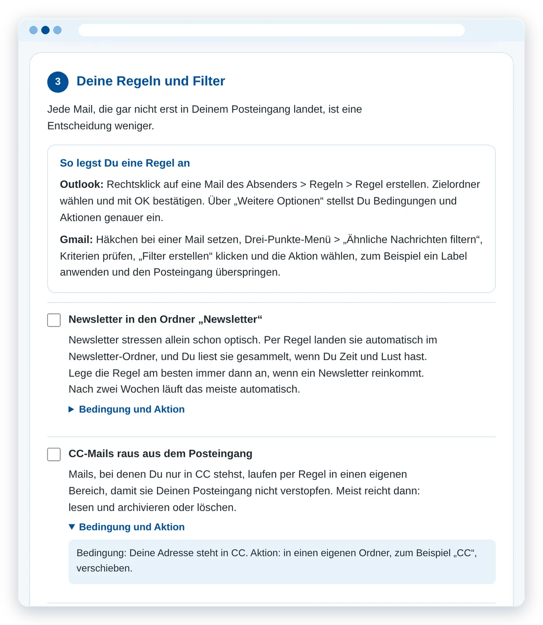Regeln und Filter mit Anleitung für Dein Mailprogramm